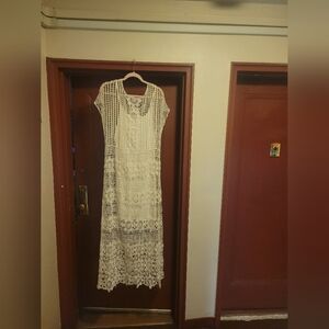 K Jordan Women's Crochet Embroidery Sleeveless Cream Maxi Dress With Slip